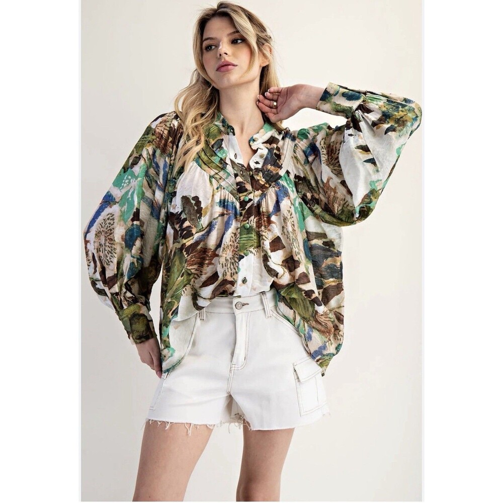 Ee:Some Maven Patterned Button Down Blouse Multi … - image 1